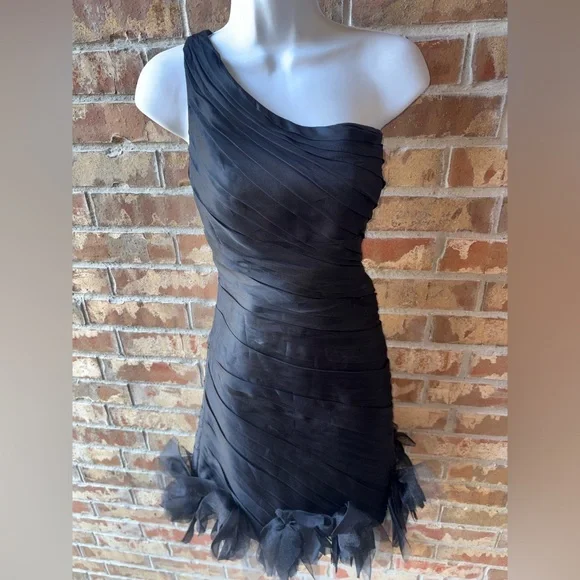 Theia one-shoulder ruched silk-blend mini dress with a rosette hem size 8 - Picture 7 of 12